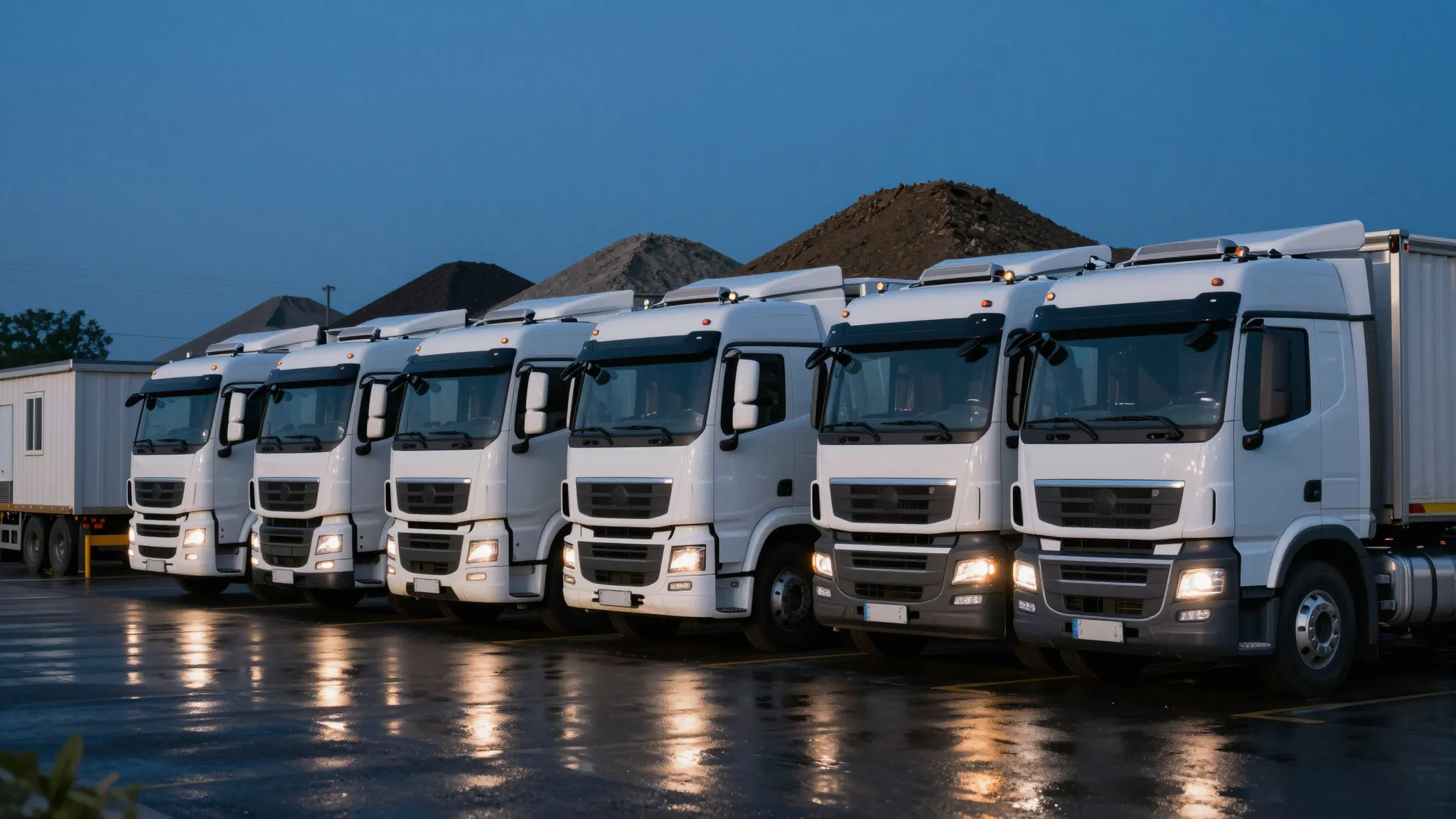 A line of 8-wheel tippers parked in the yard at dusk