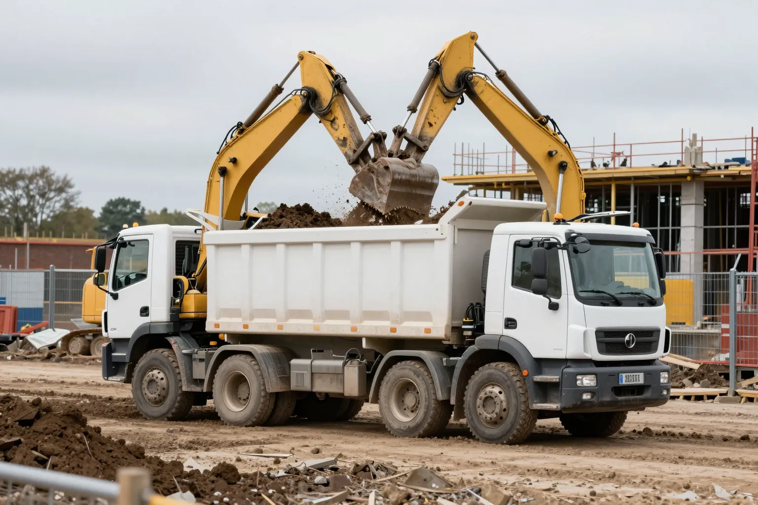 An excavator loading spoil into an 8-wheel tipper on a construction site